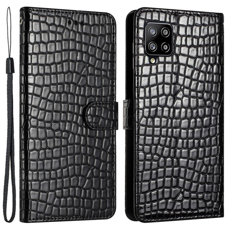 For Samsung Galaxy M32 (Global Version) 4G PU Leather Phone Stand Cover Wallet Crocodile Texture Anti-fall Case with Strap - Black