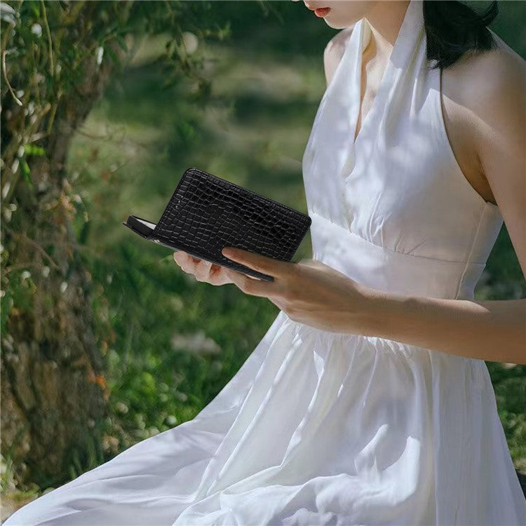 For Samsung Galaxy M32 (Global Version) 4G PU Leather Phone Stand Cover Wallet Crocodile Texture Anti-fall Case with Strap - Black