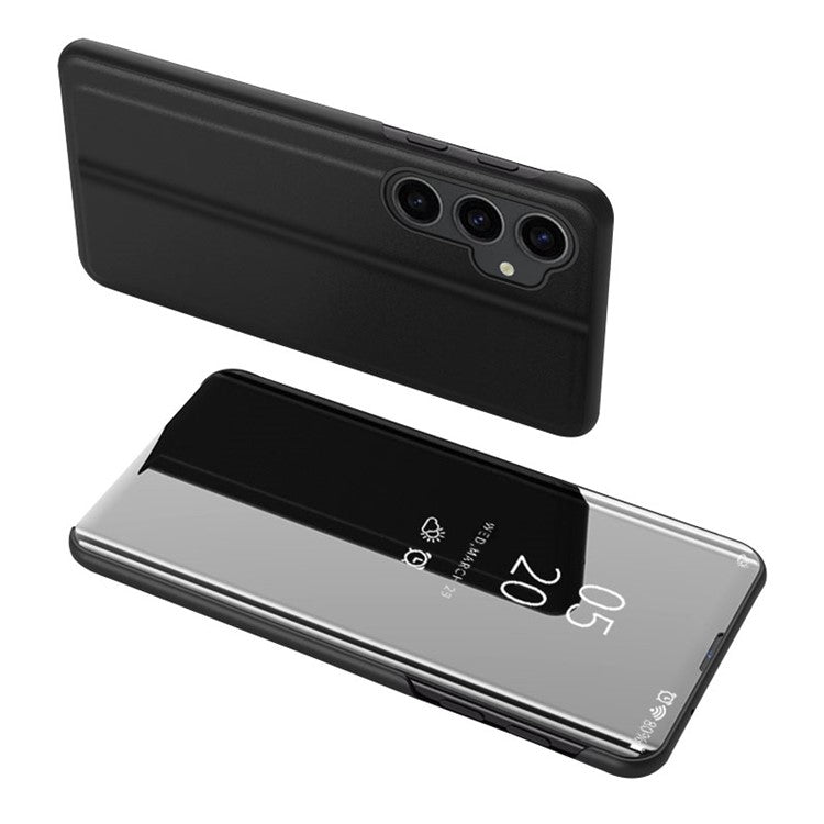 Mirror Surface Shell for Samsung Galaxy S23 FE , Electroplating View Window PU Leather Case Phone Stand Cover - Black