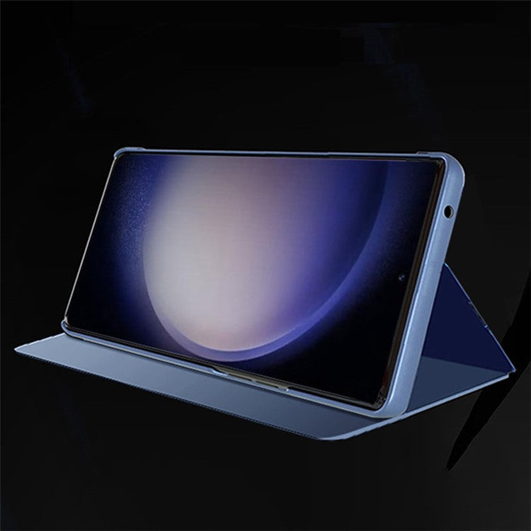 Mirror Surface Shell for Samsung Galaxy S23 FE , Electroplating View Window PU Leather Case Phone Stand Cover - Black