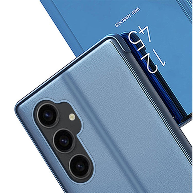 Mirror Surface Shell for Samsung Galaxy S23 FE , Electroplating View Window PU Leather Case Phone Stand Cover - Black