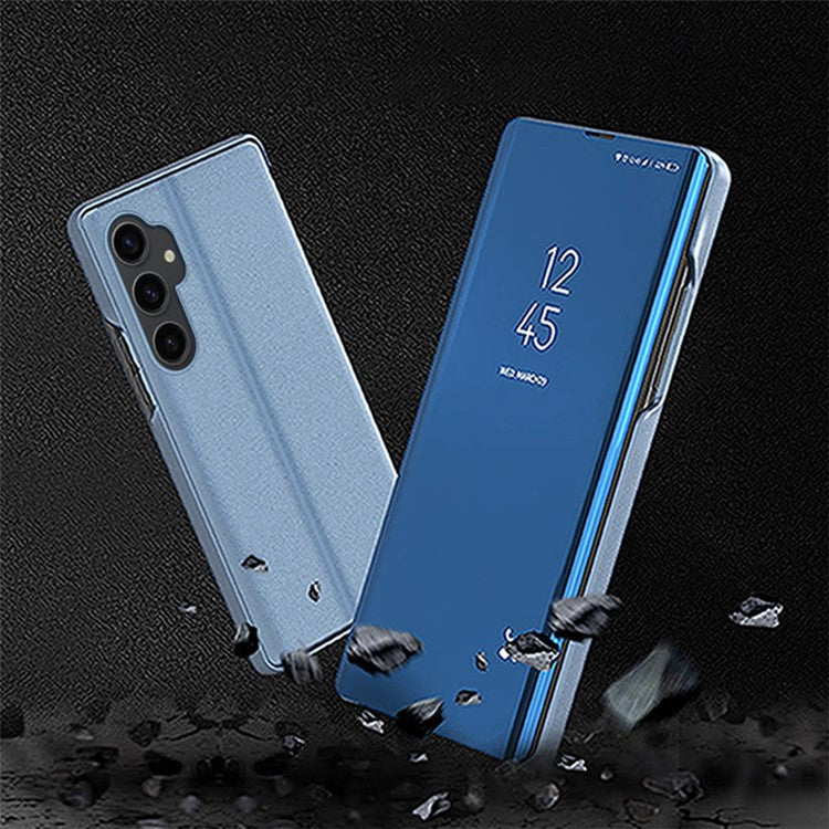 Mirror Surface Shell for Samsung Galaxy S23 FE , Electroplating View Window PU Leather Case Phone Stand Cover - Black