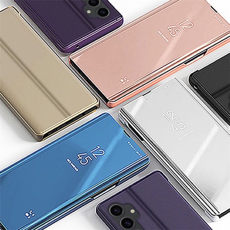 Mirror Surface Shell for Samsung Galaxy S23 FE , Electroplating View Window PU Leather Case Phone Stand Cover - Black