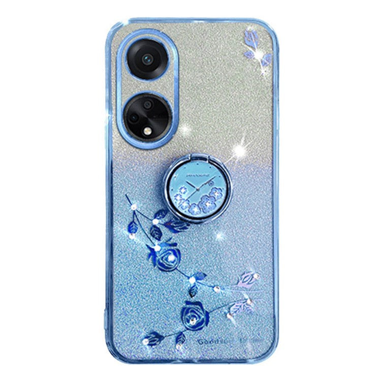 KADEM For Honor Play 30 Plus 5G Ring Kickstand TPU Cover Flower Pattern Glitter Phone Anti-fall Case - Blue