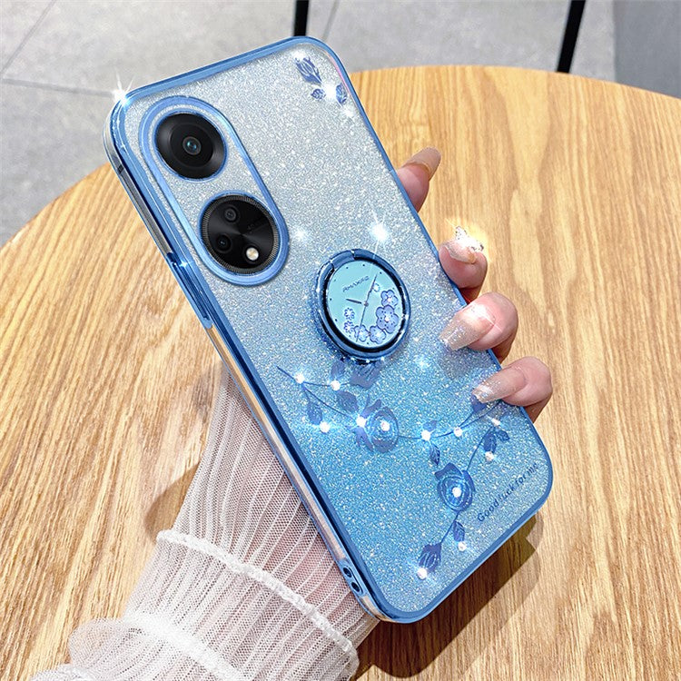 KADEM For Honor Play 30 Plus 5G Ring Kickstand TPU Cover Flower Pattern Glitter Phone Anti-fall Case - Blue