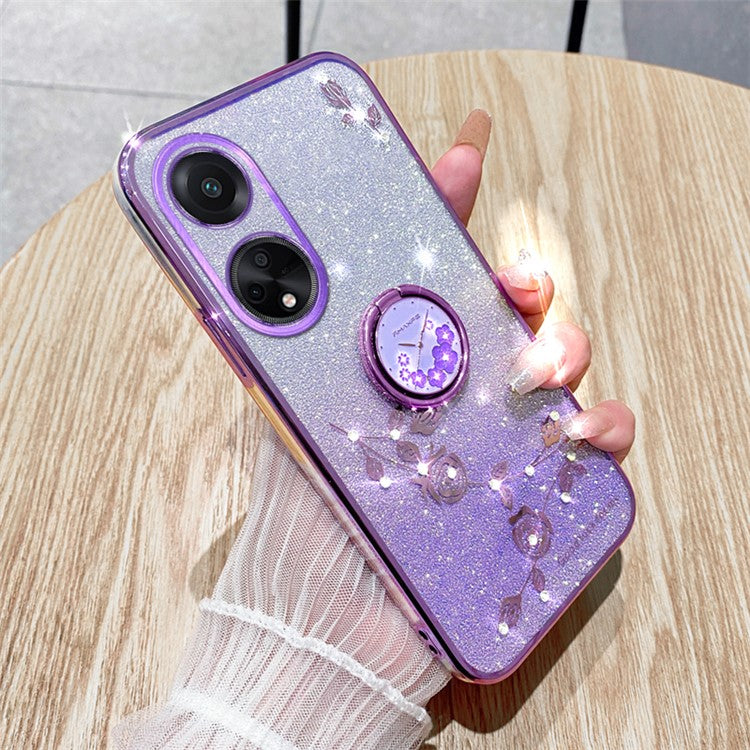 KADEM For Honor Play 30 Plus 5G Ring Kickstand TPU Cover Flower Pattern Glitter Phone Anti-fall Case - Purple