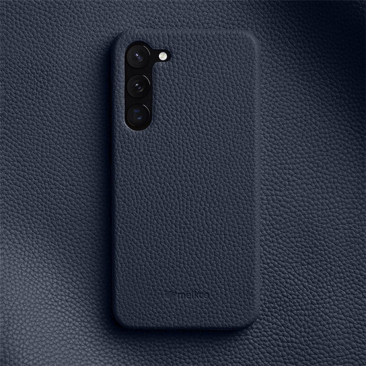 MELKCO Protective Case for Samsung Galaxy S22+ 5G , Genuine Cow Leather Coated PC Phone Cover - Dark Blue