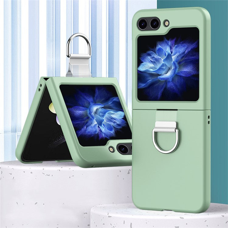 For Samsung Galaxy Z Flip5 5G Hard PC Skin-touch Phone Case Metal Ring Holder Anti-Slip Cover - Light Green