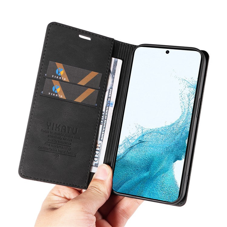 YIKATU YK-004 For Samsung Galaxy S21 FE 5G Skin-touch Leather Cover Stand Wallet Shockproof Phone Case - Black