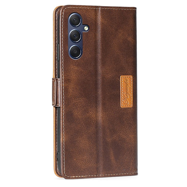 For Samsung Galaxy M54 5G / F54 5G Wallet Case Flip Stand Contrast Color TPU+PU Leather Phone Cover - Dark Brown+Gold