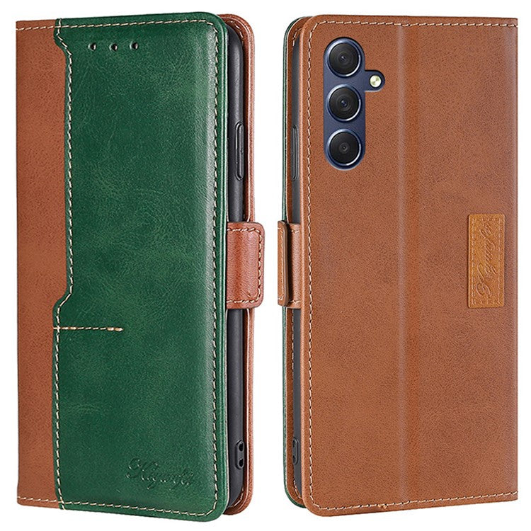 For Samsung Galaxy M54 5G / F54 5G Wallet Case Flip Stand Contrast Color TPU+PU Leather Phone Cover - Light Brown+Green