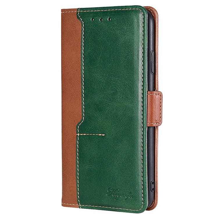 For Samsung Galaxy M54 5G / F54 5G Wallet Case Flip Stand Contrast Color TPU+PU Leather Phone Cover - Light Brown+Green