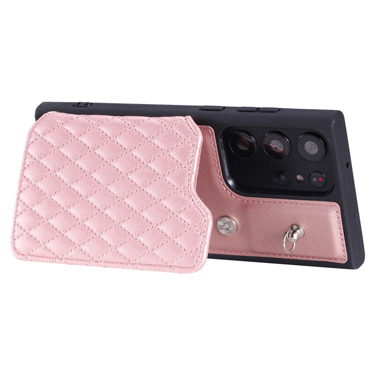 Style 008 For Samsung Galaxy S23 Ultra Rhombus Imprinted Phone Case PU+TPU Phone Cover with RFID Blocking - Rose Gold