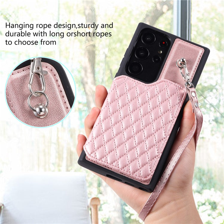 Style 008 For Samsung Galaxy S23 Ultra Rhombus Imprinted Phone Case PU+TPU Phone Cover with RFID Blocking - Rose Gold