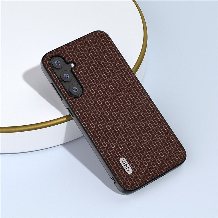 ABEEL For Samsung Galaxy S23 FE Cowhide Leather Coated PC+TPU Cover Luxury Textured Protective Phone Case - Coffee