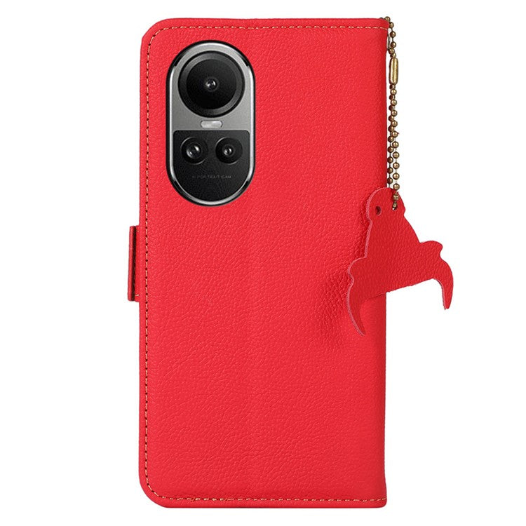 TJ Phone Case for Oppo Reno10 Pro 5G (Global) / Reno10 5G (Global) , Genuine Cow Leather RFID Blocking Shell Stand Wallet Cover - Red
