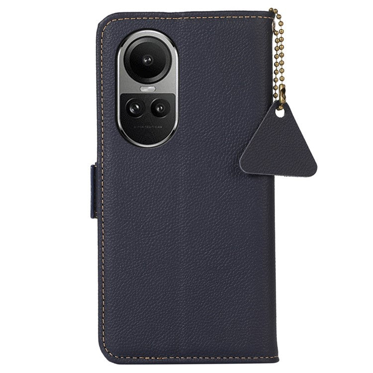 TJ Phone Case for Oppo Reno10 Pro 5G (Global) / Reno10 5G (Global) , Genuine Cow Leather RFID Blocking Shell Stand Wallet Cover - Blue