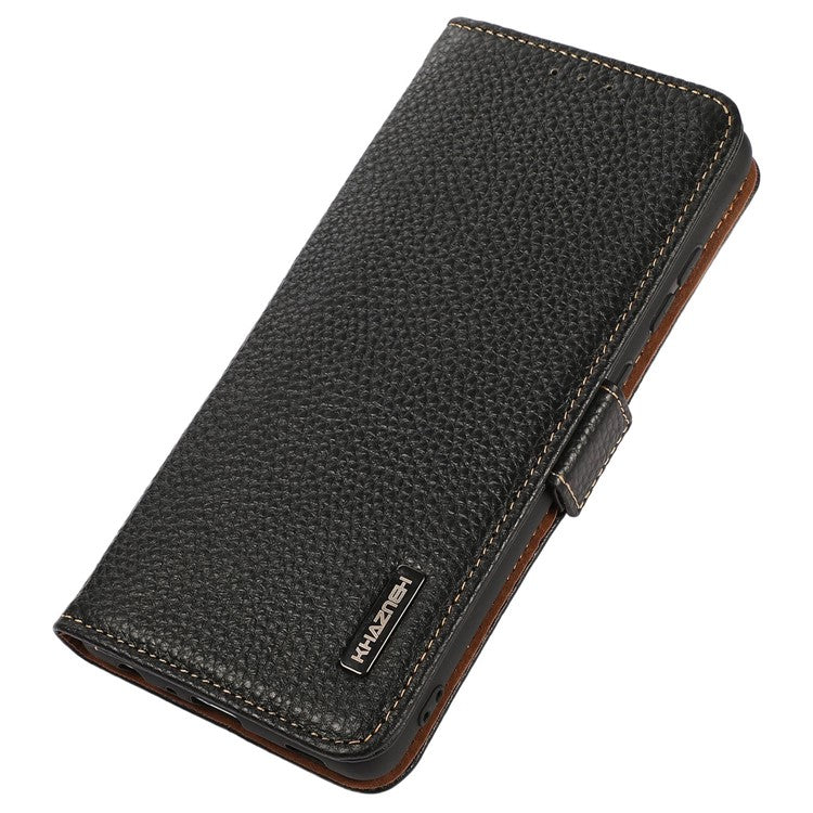KHAZNEH Genuine Cow Leather Phone Case for OnePlus Nord 3 5G / Ace 2V , RFID Blocking Stand Wallet Litchi Texture Cover - Black