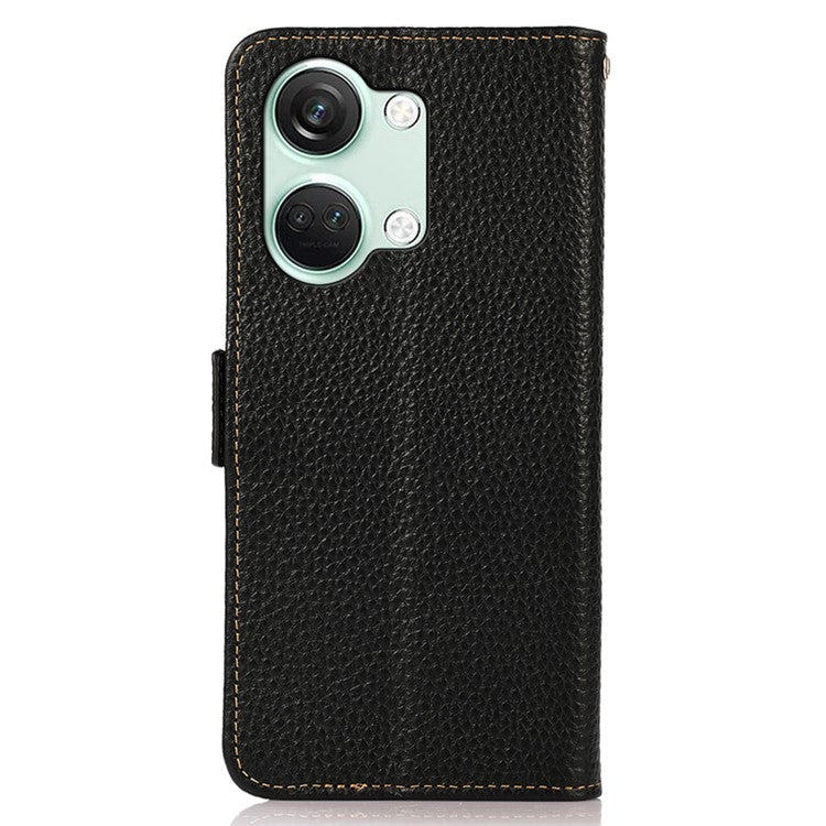 KHAZNEH Genuine Cow Leather Phone Case for OnePlus Nord 3 5G / Ace 2V , RFID Blocking Stand Wallet Litchi Texture Cover - Black
