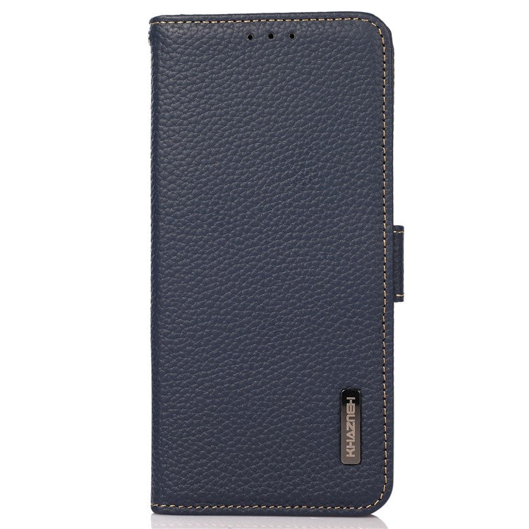 KHAZNEH Genuine Cow Leather Phone Case for OnePlus Nord 3 5G / Ace 2V , RFID Blocking Stand Wallet Litchi Texture Cover - Blue