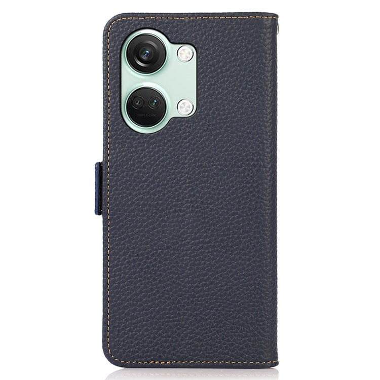 KHAZNEH Genuine Cow Leather Phone Case for OnePlus Nord 3 5G / Ace 2V , RFID Blocking Stand Wallet Litchi Texture Cover - Blue