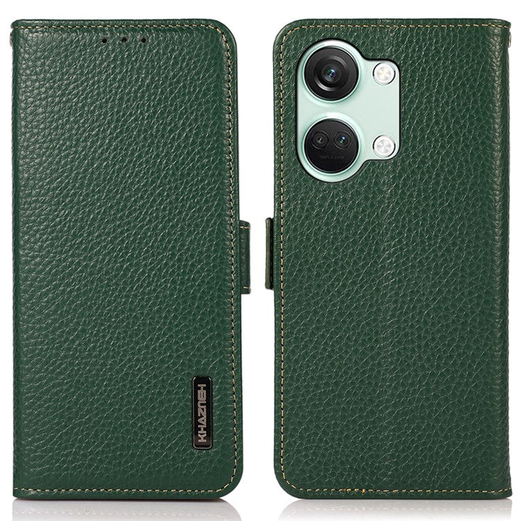 KHAZNEH Genuine Cow Leather Phone Case for OnePlus Nord 3 5G / Ace 2V , RFID Blocking Stand Wallet Litchi Texture Cover - Green