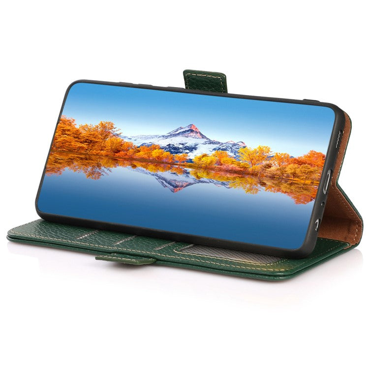 KHAZNEH Genuine Cow Leather Phone Case for OnePlus Nord 3 5G / Ace 2V , RFID Blocking Stand Wallet Litchi Texture Cover - Green