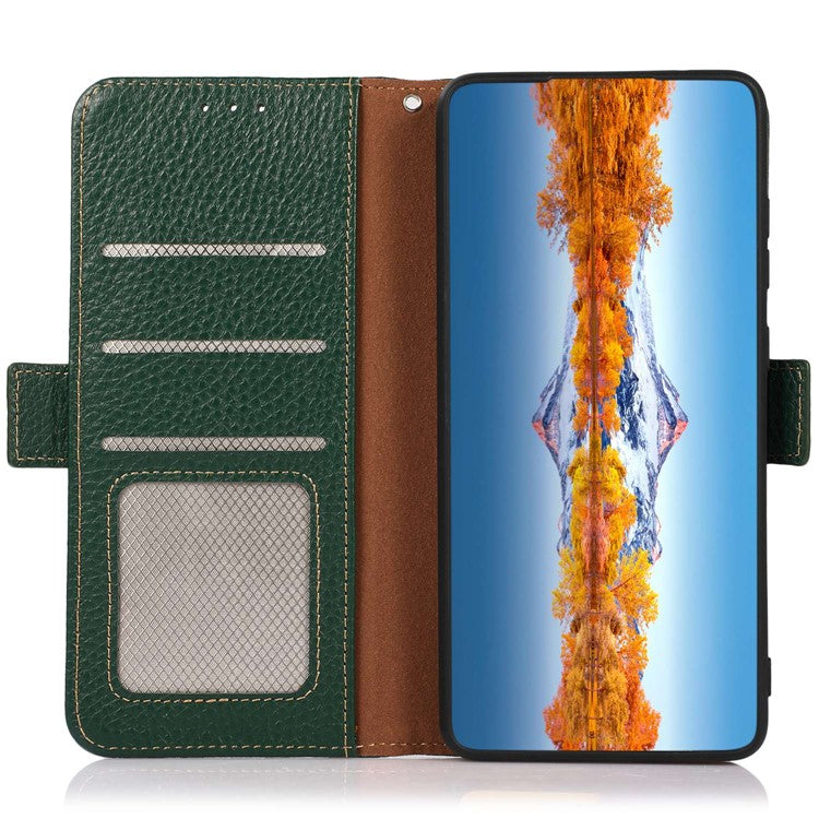 KHAZNEH Genuine Cow Leather Phone Case for OnePlus Nord 3 5G / Ace 2V , RFID Blocking Stand Wallet Litchi Texture Cover - Green