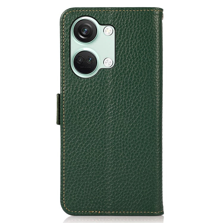 KHAZNEH Genuine Cow Leather Phone Case for OnePlus Nord 3 5G / Ace 2V , RFID Blocking Stand Wallet Litchi Texture Cover - Green