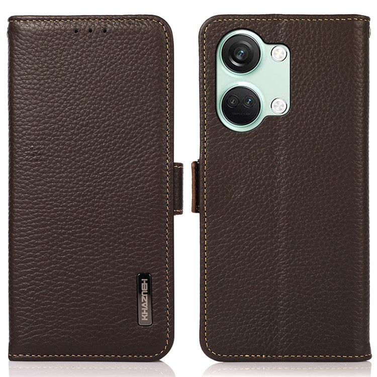 KHAZNEH Genuine Cow Leather Phone Case for OnePlus Nord 3 5G / Ace 2V , RFID Blocking Stand Wallet Litchi Texture Cover - Brown