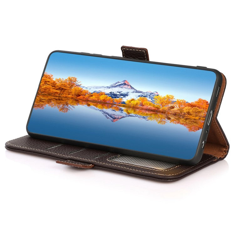 KHAZNEH Genuine Cow Leather Phone Case for OnePlus Nord 3 5G / Ace 2V , RFID Blocking Stand Wallet Litchi Texture Cover - Brown