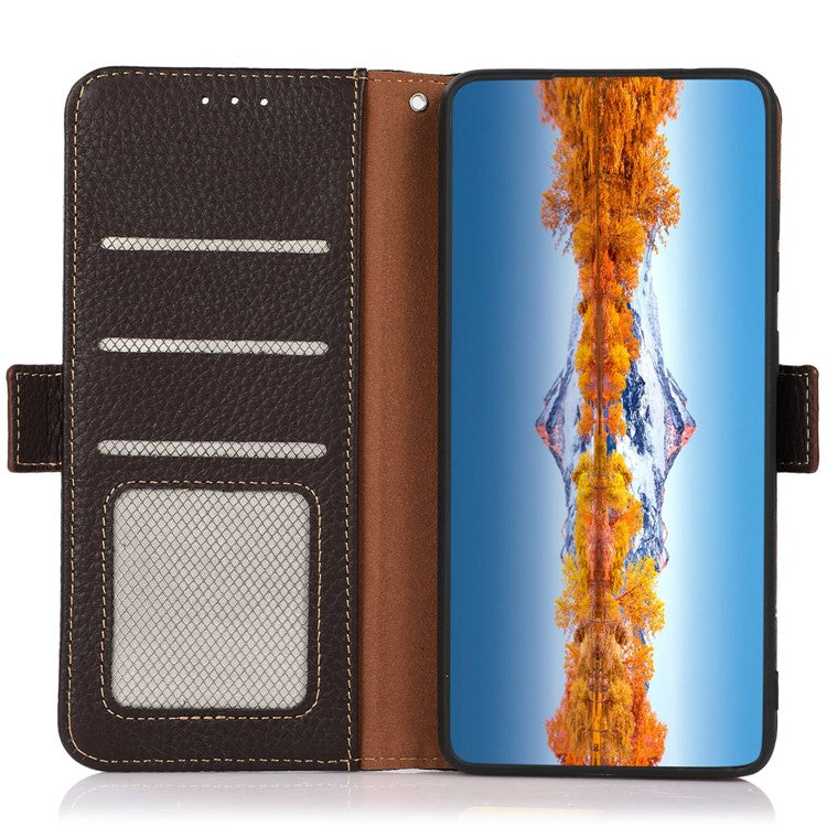 KHAZNEH Genuine Cow Leather Phone Case for OnePlus Nord 3 5G / Ace 2V , RFID Blocking Stand Wallet Litchi Texture Cover - Brown