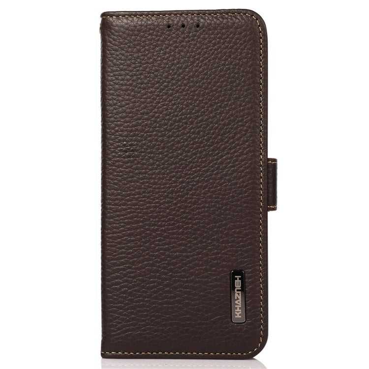 KHAZNEH Genuine Cow Leather Phone Case for OnePlus Nord 3 5G / Ace 2V , RFID Blocking Stand Wallet Litchi Texture Cover - Brown