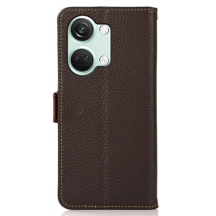 KHAZNEH Genuine Cow Leather Phone Case for OnePlus Nord 3 5G / Ace 2V , RFID Blocking Stand Wallet Litchi Texture Cover - Brown
