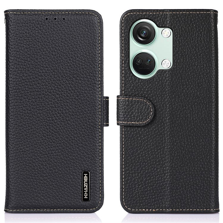 KHAZNEH For OnePlus Nord 3 5G / Ace 2V Litchi Texture Adjustable Stand Phone Cover Genuine Cow Leather Wallet Case - Black