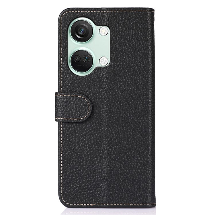 KHAZNEH For OnePlus Nord 3 5G / Ace 2V Litchi Texture Adjustable Stand Phone Cover Genuine Cow Leather Wallet Case - Black