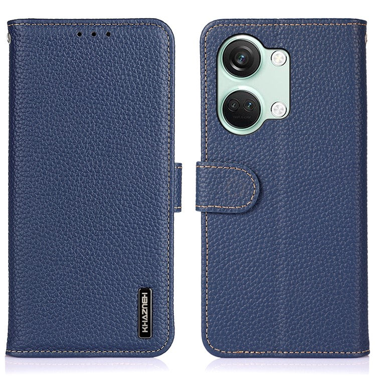 KHAZNEH For OnePlus Nord 3 5G / Ace 2V Litchi Texture Adjustable Stand Phone Cover Genuine Cow Leather Wallet Case - Blue