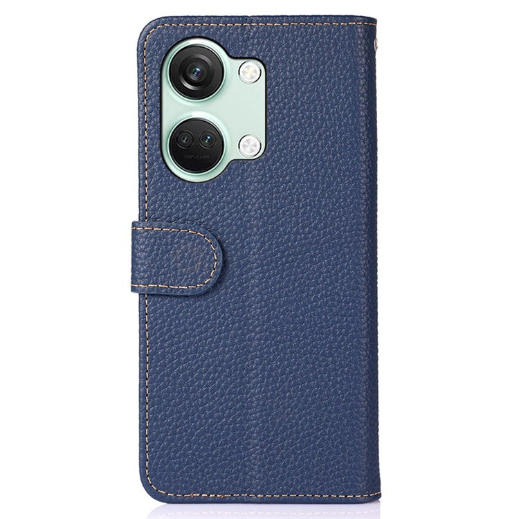 KHAZNEH For OnePlus Nord 3 5G / Ace 2V Litchi Texture Adjustable Stand Phone Cover Genuine Cow Leather Wallet Case - Blue