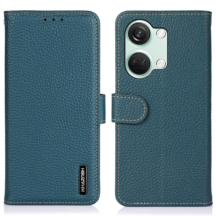 KHAZNEH For OnePlus Nord 3 5G / Ace 2V Litchi Texture Adjustable Stand Phone Cover Genuine Cow Leather Wallet Case - Green