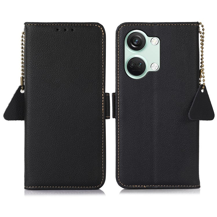 TJ Smartphone Case for OnePlus Nord 3 5G / Ace 2V , RFID Blocking Genuine Cow Leather Stand Wallet Cover - Black