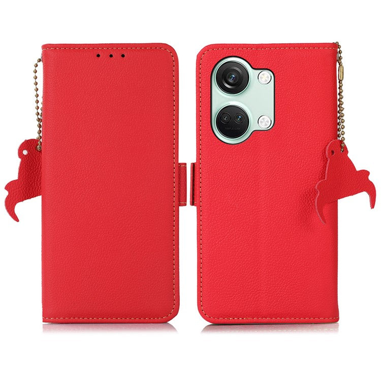 TJ Smartphone Case for OnePlus Nord 3 5G / Ace 2V , RFID Blocking Genuine Cow Leather Stand Wallet Cover - Red