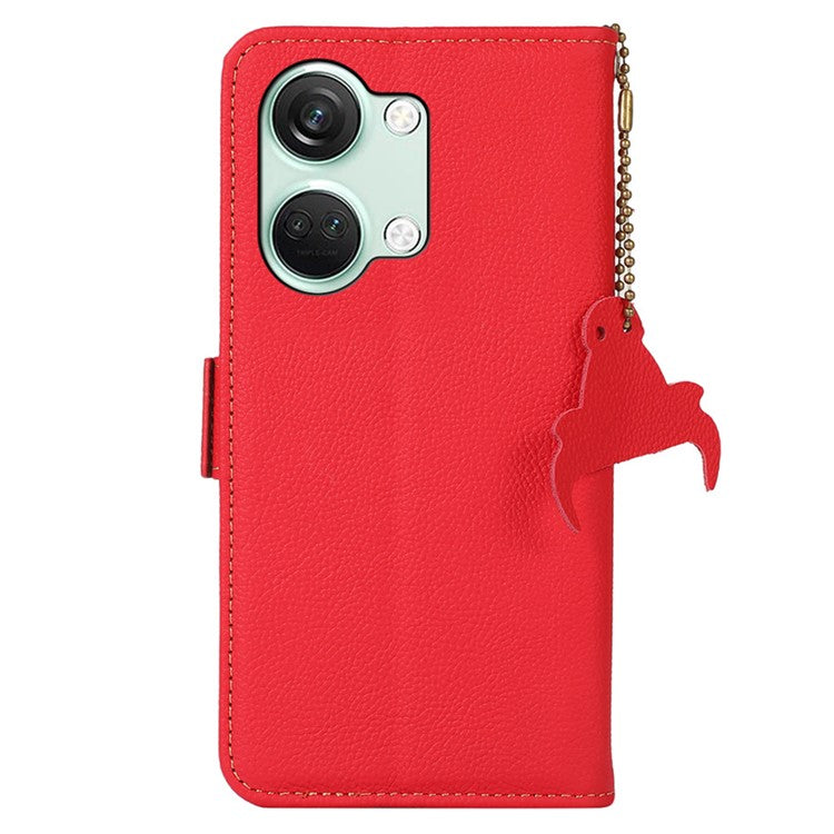 TJ Smartphone Case for OnePlus Nord 3 5G / Ace 2V , RFID Blocking Genuine Cow Leather Stand Wallet Cover - Red