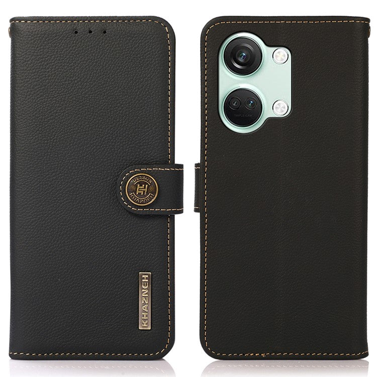 KHAZNEH For OnePlus Nord 3 5G / Ace 2V RFID Blocking Wallet Case Fall Protection Genuine Cow Leather Stand Phone Cover - Black