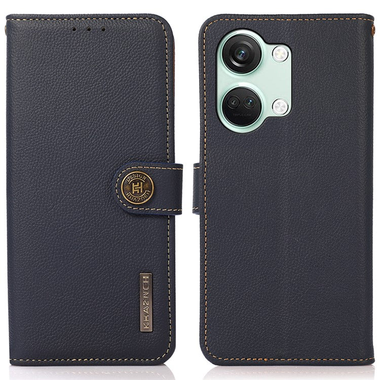 KHAZNEH For OnePlus Nord 3 5G / Ace 2V RFID Blocking Wallet Case Fall Protection Genuine Cow Leather Stand Phone Cover - Blue