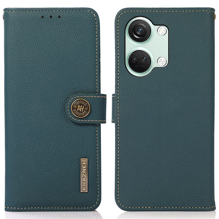 KHAZNEH For OnePlus Nord 3 5G / Ace 2V RFID Blocking Wallet Case Fall Protection Genuine Cow Leather Stand Phone Cover - Green