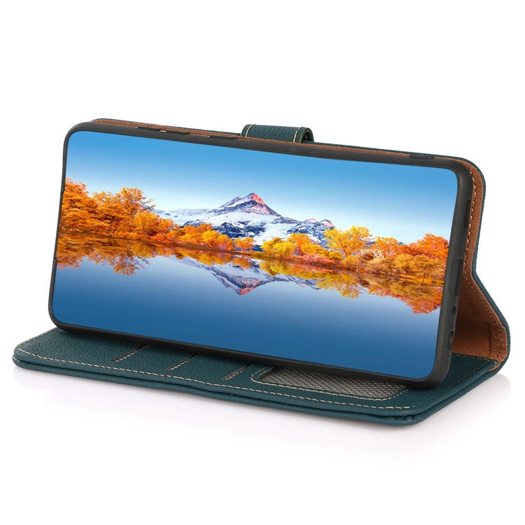 KHAZNEH For OnePlus Nord 3 5G / Ace 2V RFID Blocking Wallet Case Fall Protection Genuine Cow Leather Stand Phone Cover - Green