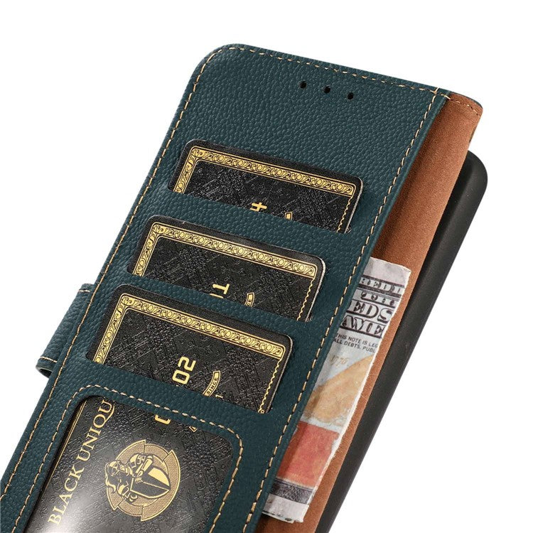 KHAZNEH For OnePlus Nord 3 5G / Ace 2V RFID Blocking Wallet Case Fall Protection Genuine Cow Leather Stand Phone Cover - Green