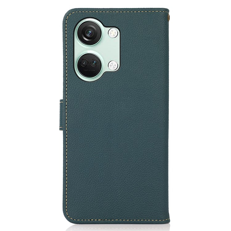KHAZNEH For OnePlus Nord 3 5G / Ace 2V RFID Blocking Wallet Case Fall Protection Genuine Cow Leather Stand Phone Cover - Green