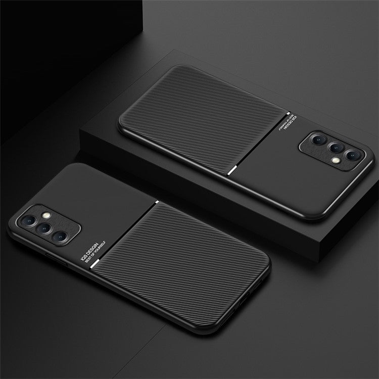 For Samsung Galaxy M14 5G Phone Case Lines Imprinted Leather+TPU Cover Support Magnetic Car Mount - Black