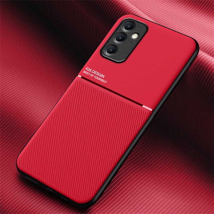 For Samsung Galaxy M14 5G Phone Case Lines Imprinted Leather+TPU Cover Support Magnetic Car Mount - Red